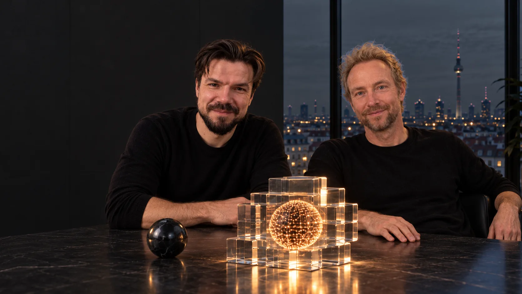 Tobi and Nicolai seated at a table in Berlin